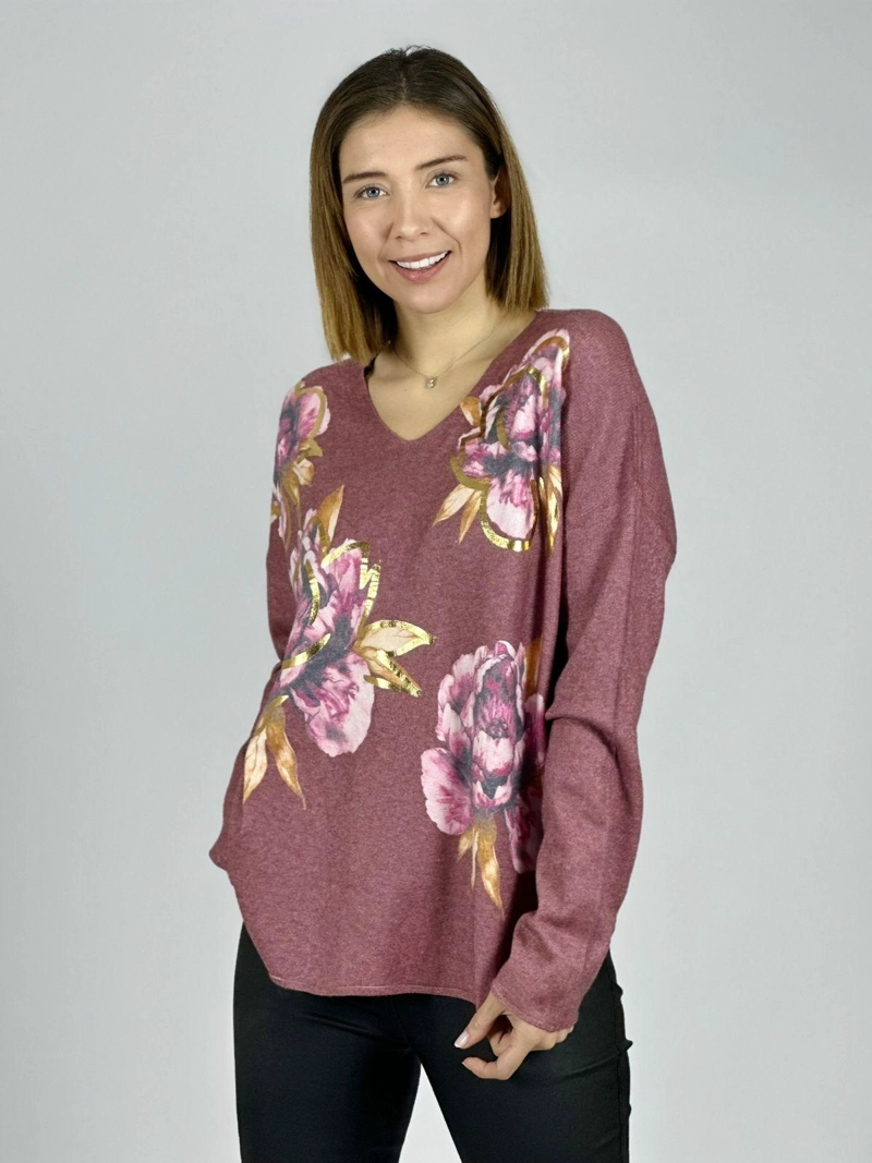 SWEATER SPANDEX ESTAMPADO FLORAL CAFE  OSCURO - 1