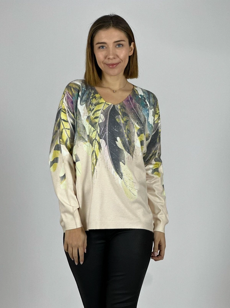 SWEATER HILO ESTAMPADO DISEÑO PLUMAS BEIGE - 1