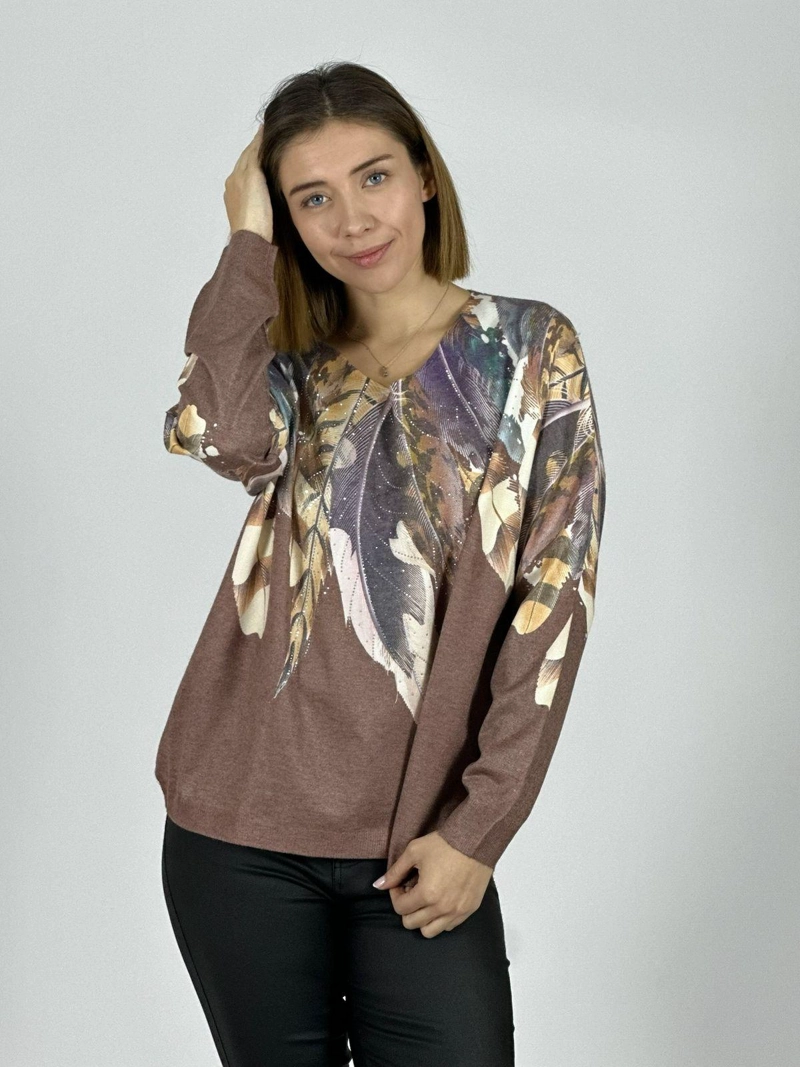 SWEATER HILO ESTAMPADO DISEÑO PLUMAS BEIGE - 1