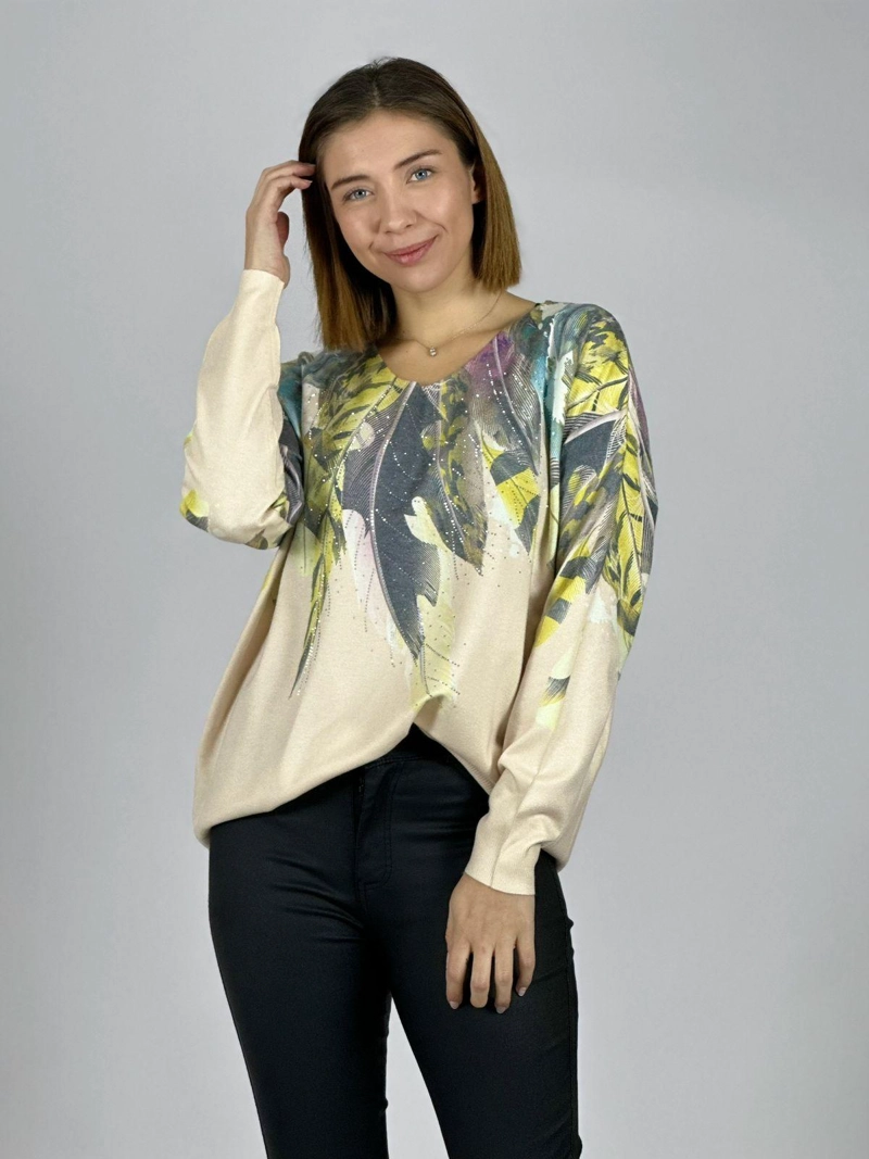 SWEATER HILO ESTAMPADO DISEÑO PLUMAS BEIGE - 2