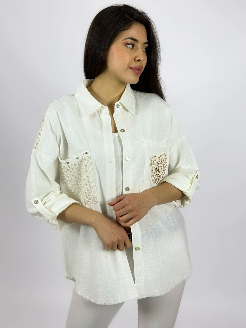 BLUSA LINO DORSO Y BOLSILLO TEJIDO BEIGE - 1