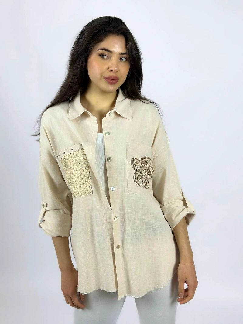 BLUSA LINO DORSO Y BOLSILLO TEJIDO BEIGE - 1