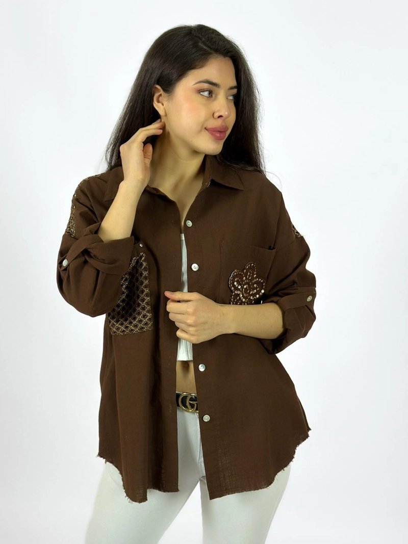 BLUSA LINO DORSO Y BOLSILLO TEJIDO BEIGE - 1