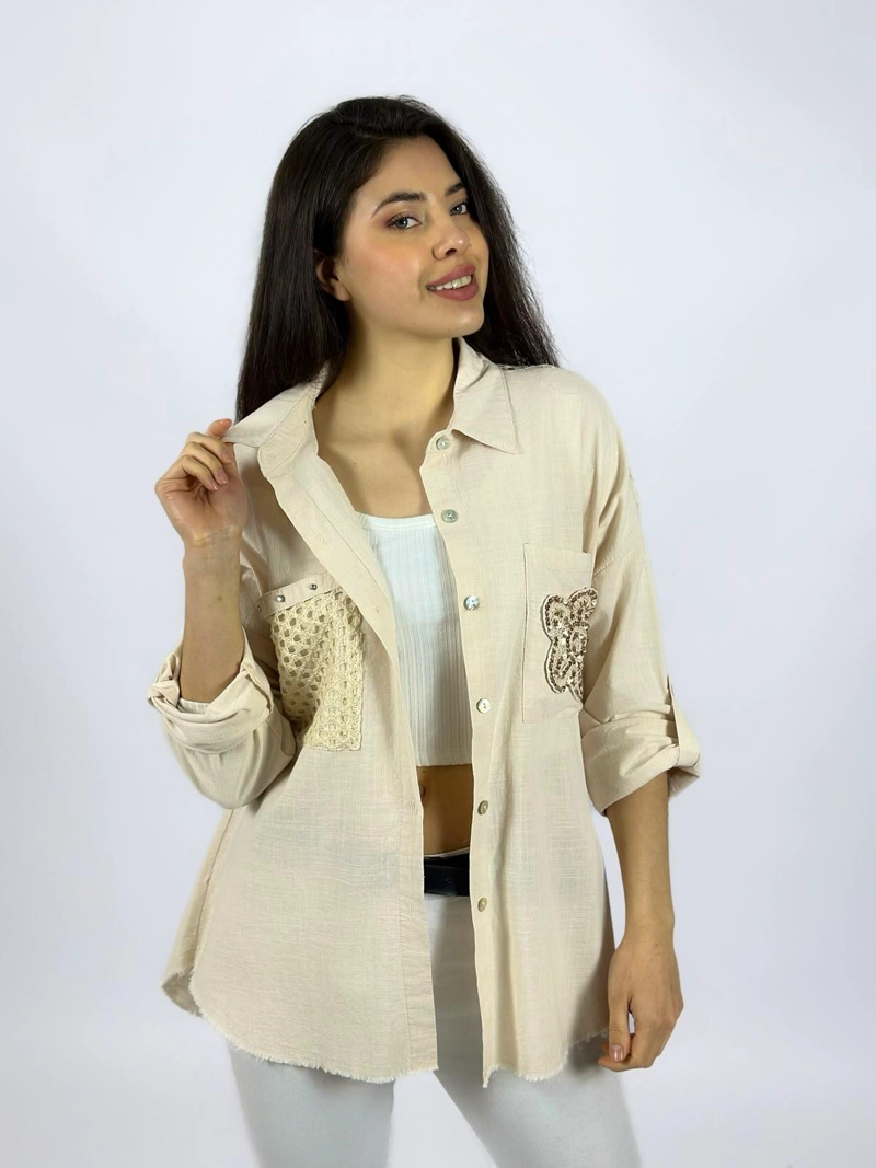 BLUSA LINO DORSO Y BOLSILLO TEJIDO BEIGE - 2