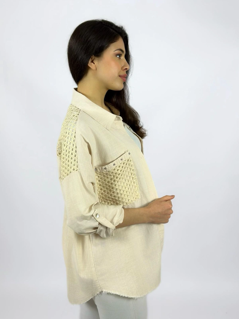BLUSA LINO DORSO Y BOLSILLO TEJIDO BEIGE - 3