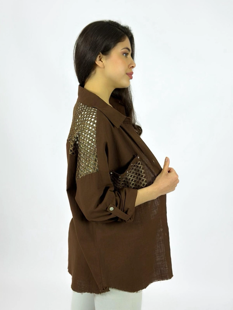 BLUSA LINO DORSO Y BOLSILLO TEJIDO BEIGE - 3
