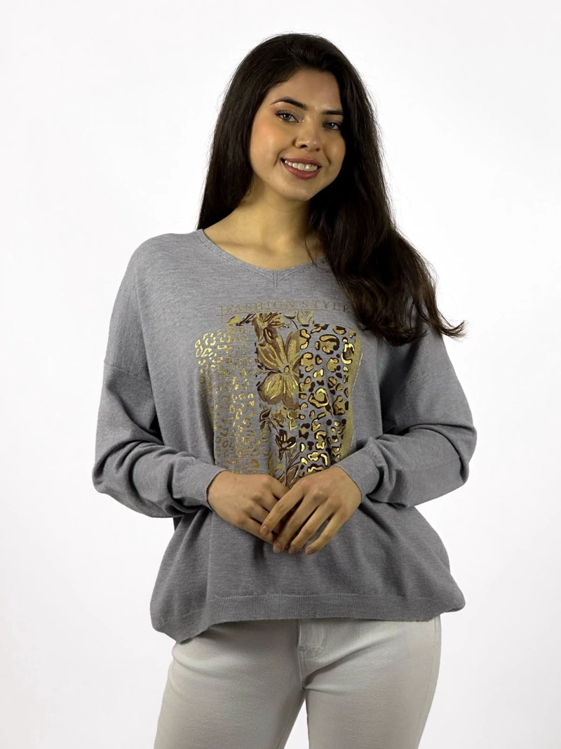 SWEATER SPANDEX FLOR PRINT BEIGE - 1