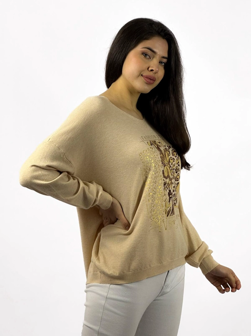 SWEATER SPANDEX FLOR PRINT BEIGE - 3