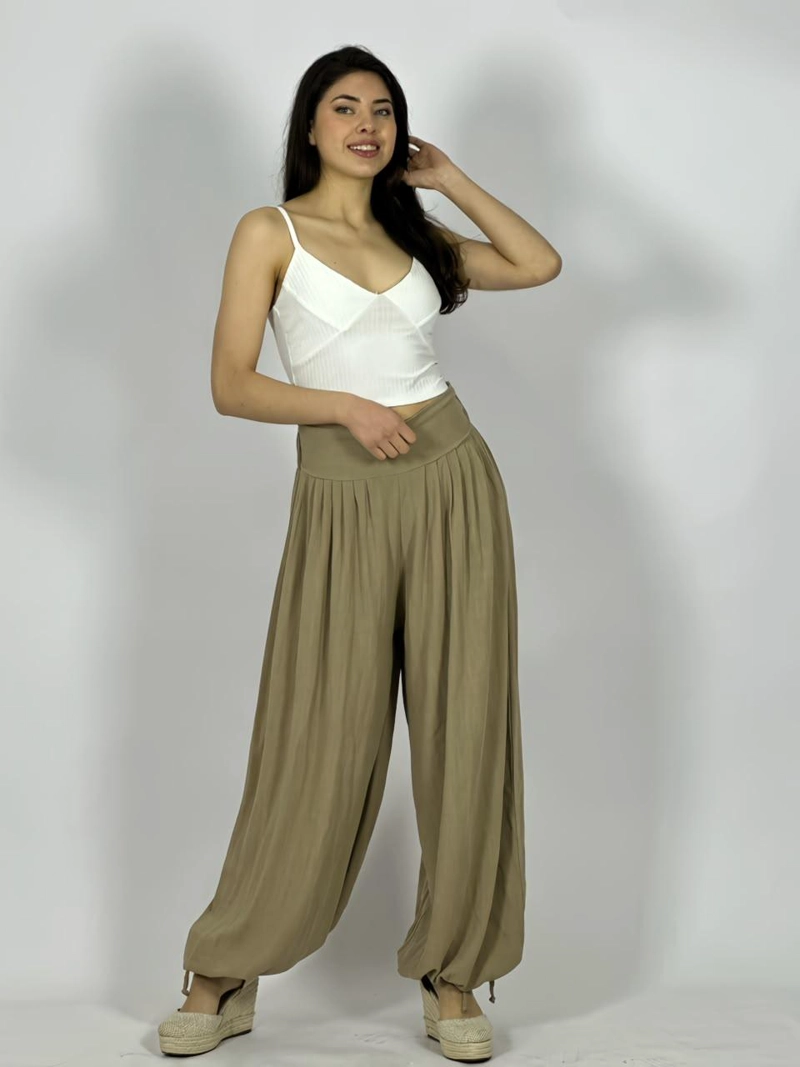 PANTALON DE LINO CORTE BOMBACHA - BEIGE - UNICO - 1