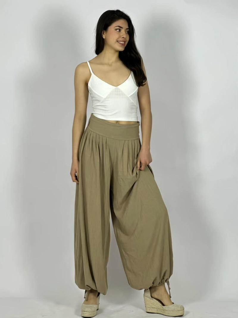 PANTALON DE LINO CORTE BOMBACHA - BEIGE - UNICO - 2