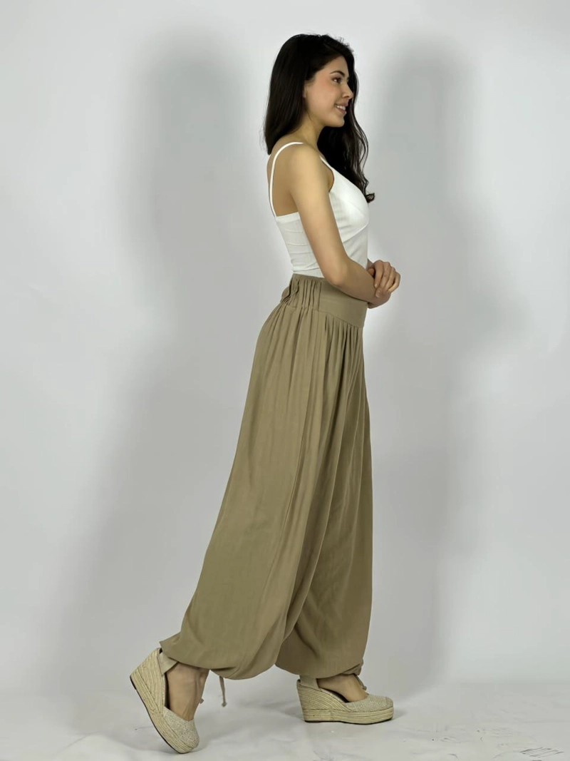 PANTALON DE LINO CORTE BOMBACHA - BEIGE - UNICO - 3