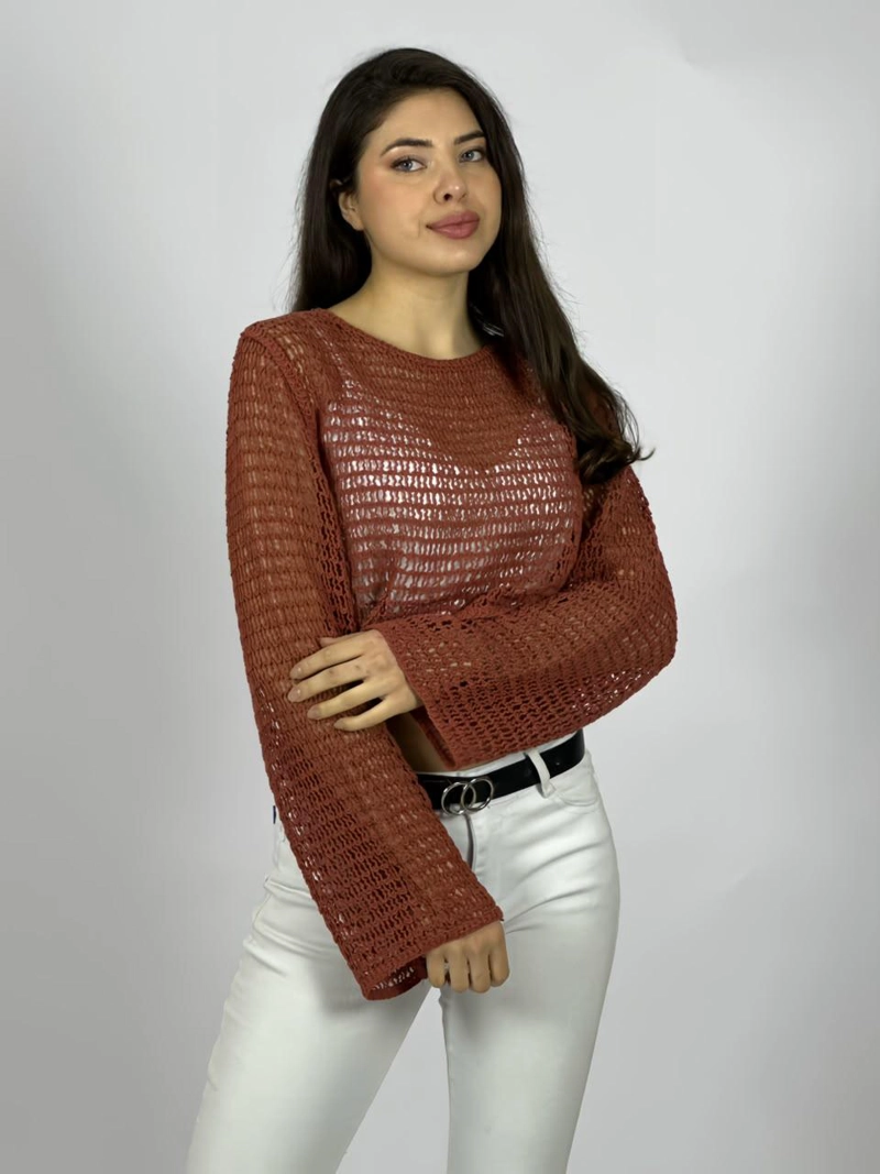 SWEATER TEJIDO DE HILO TIPO CROP TOP BEIGE - 1