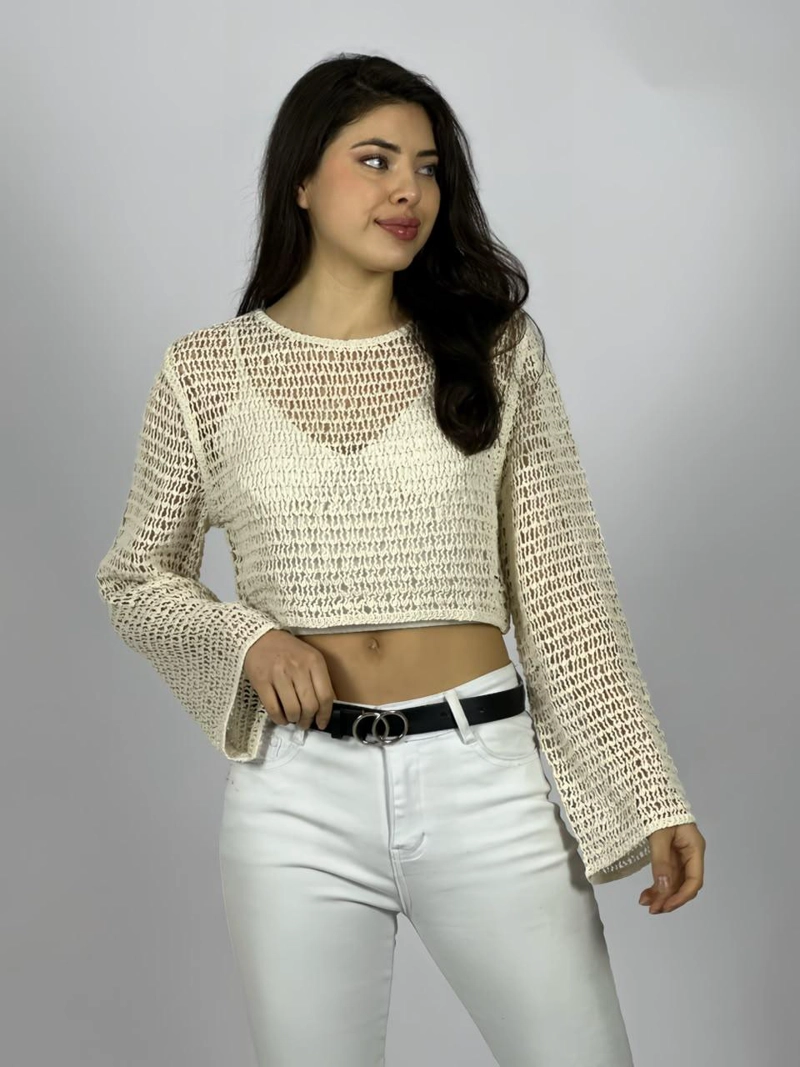 SWEATER TEJIDO DE HILO TIPO CROP TOP BEIGE - 2