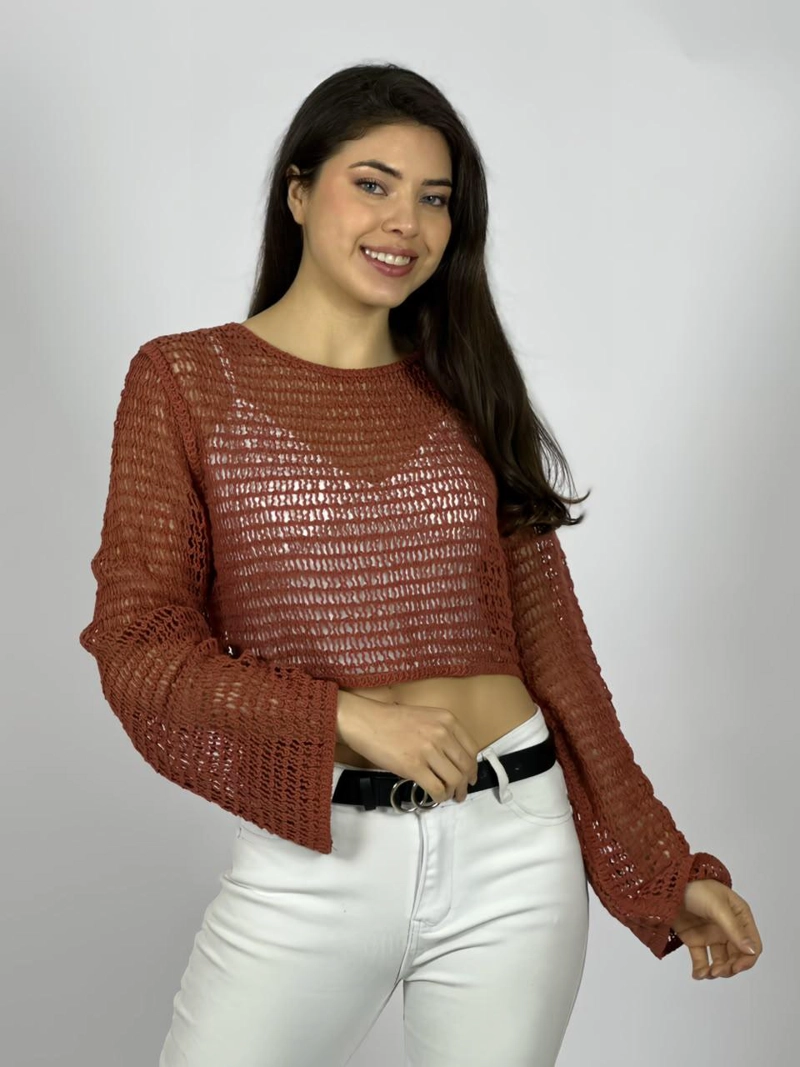 SWEATER TEJIDO DE HILO TIPO CROP TOP BEIGE - 2