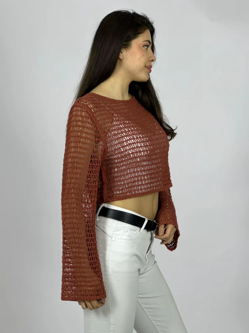 SWEATER TEJIDO DE HILO TIPO CROP TOP BEIGE - 3