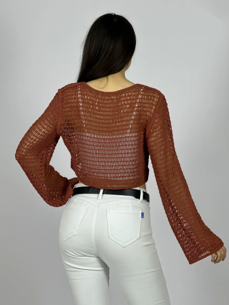 SWEATER TEJIDO DE HILO TIPO CROP TOP BEIGE - 4