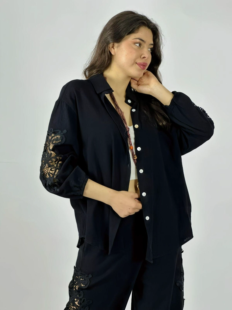 BLUSA LINO ENCAJE EN MANGAS BEIGE - 1