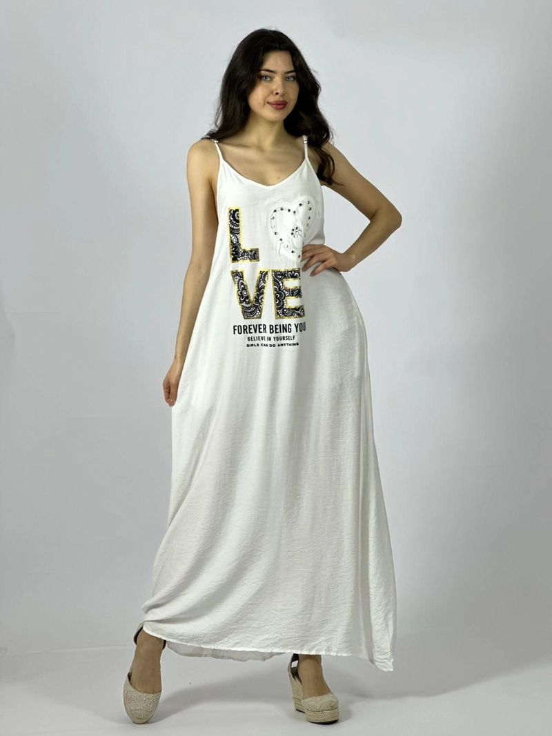 VESTIDO LARGO CREPE  SIN MANGAS ESTAMPADO LOVE BEIGE - 1