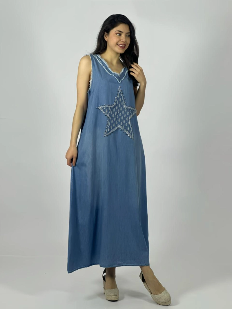 VESTIDO MEZCLILLA SIN MANGAS ESTRELLA PERLADA NEGRO - 1