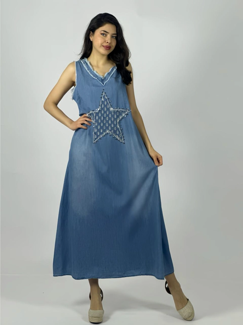 VESTIDO MEZCLILLA SIN MANGAS ESTRELLA PERLADA NEGRO - 2