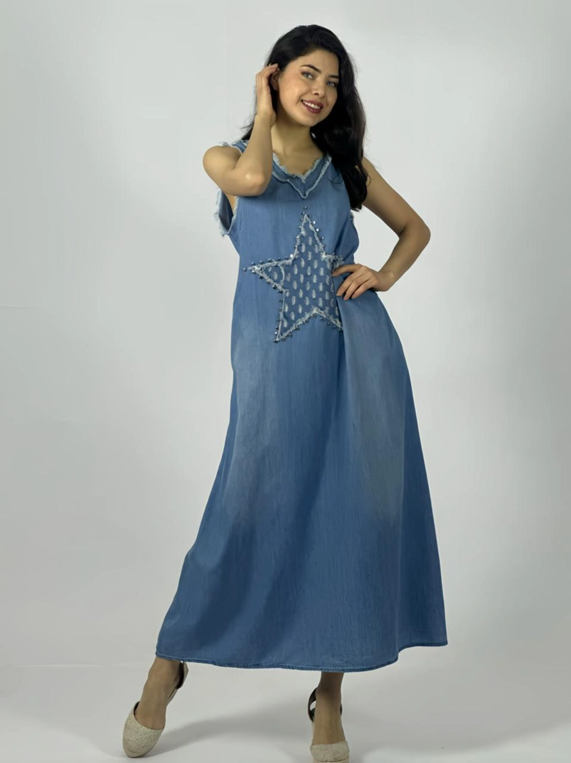VESTIDO MEZCLILLA SIN MANGAS ESTRELLA PERLADA NEGRO - 3
