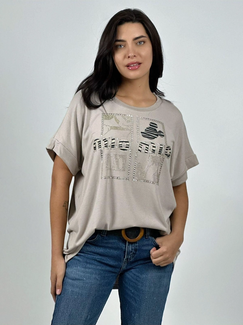 POLERA CASUAL ALGODON MICKEY BRILLANTE BEIGE - 1