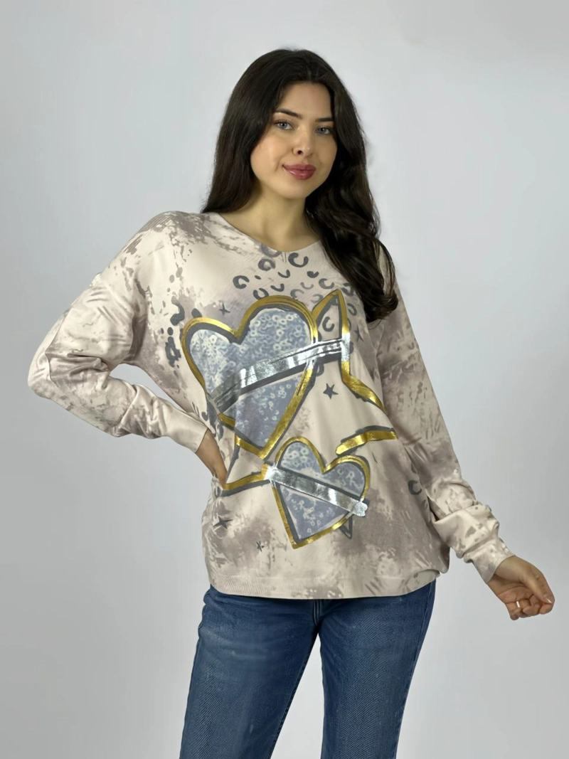 SWEATER SPANDEX CORAZONES Y ESTRELLA BEIGE - 2