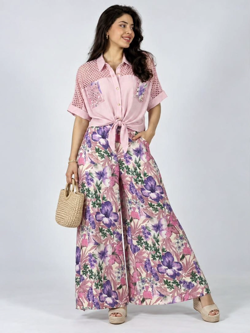 PALAZZO CREPE FLOREADO LILA - 1