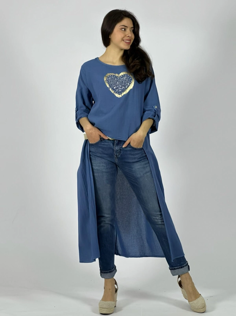 BLUSA LINO CON COLA CORAZON BRILLANTE AZUL - 1