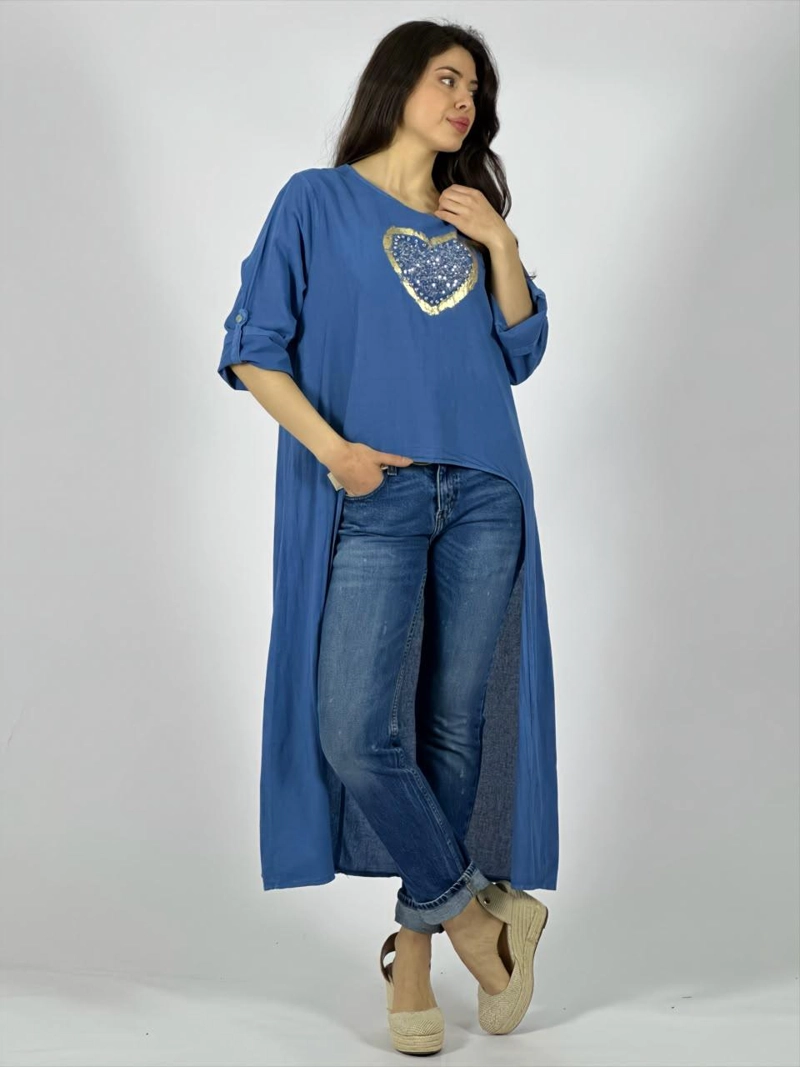 BLUSA LINO CON COLA CORAZON BRILLANTE AZUL - 2