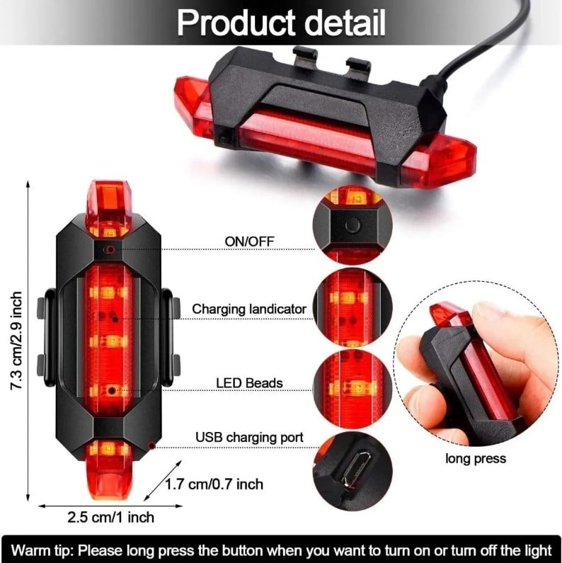 LUZ LED CARGA USB BICICLETA TRASERA ROJA 4LED STROB DC-918 - 4