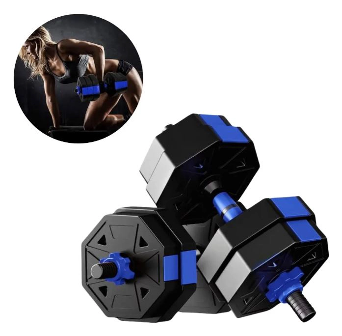 SET DE MANCUERNAS 30KG AJUSTABLE PVC COLOR AZUL 2 EN 1 GYM - 5