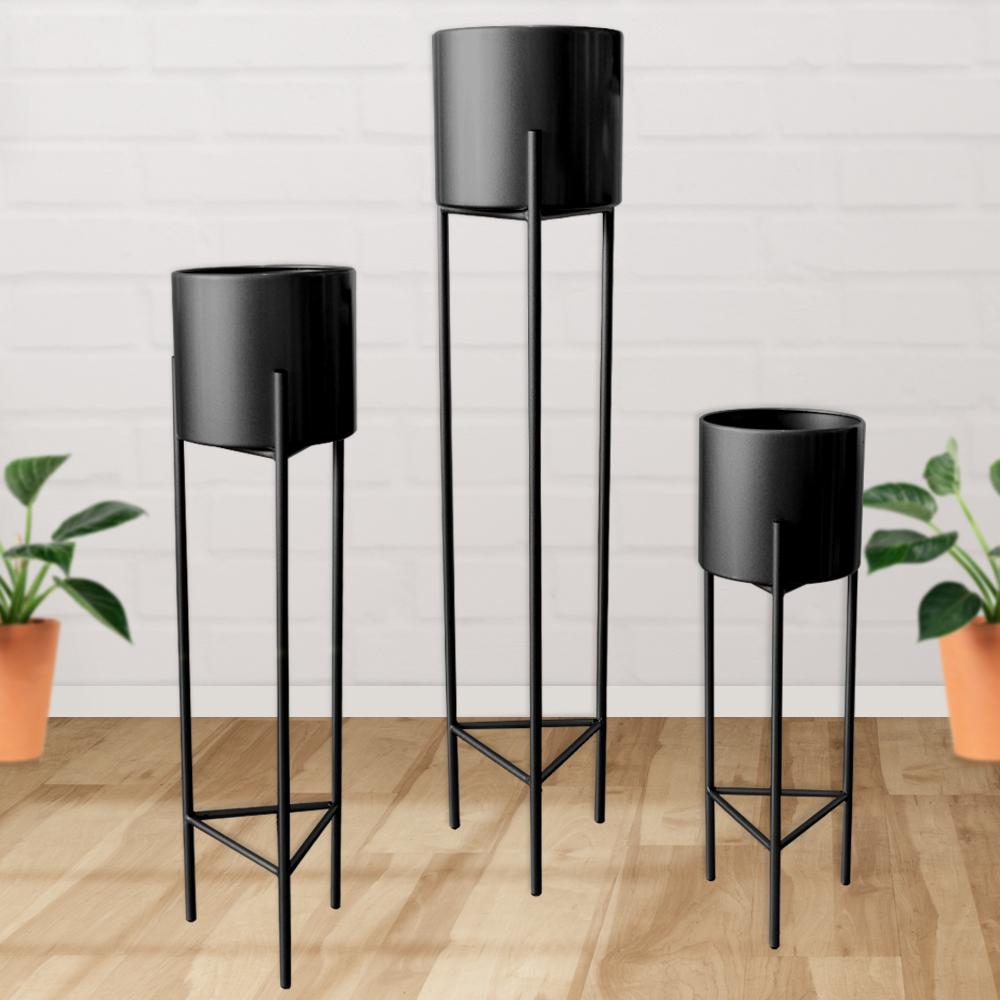 MACETERO MACETAS PEDESTAL NEGRO SET DE 3 PIEZAS - 2