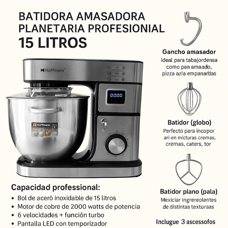 BATIDORA HOFFMANN PEDESTAL PLANETARIA AMASADORA PROFESIONAL 15 LITROS - 9