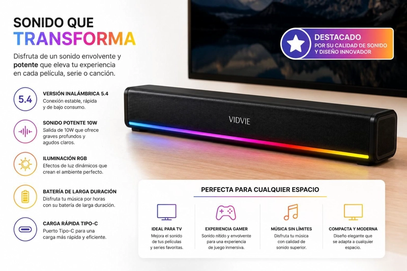 BARRA DE SONIDO BLUETOOTH RGB SPEAKER GAMER USB TIPO C 10W - 3