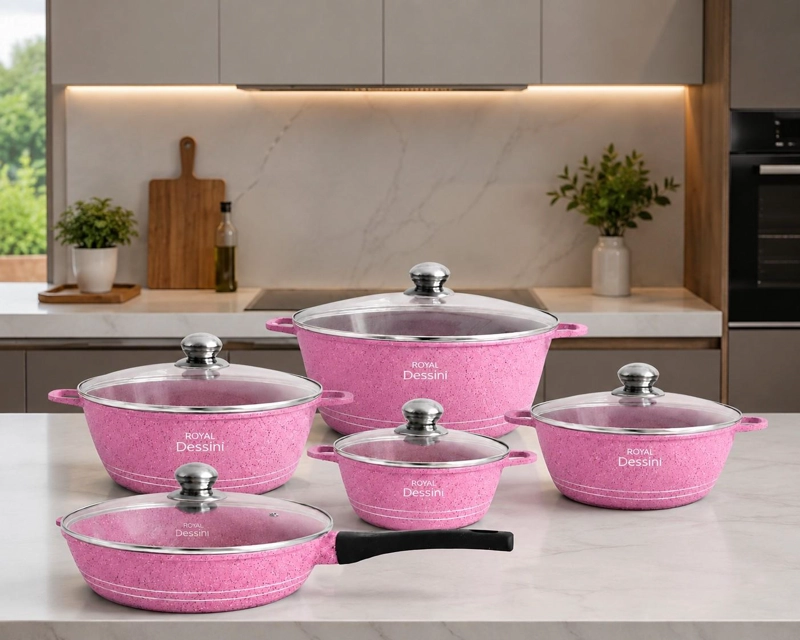 JUEGO DE OLLAS 12 PIEZAS GRANITO ROYAL DESSINE COLOR ROSADO - 2