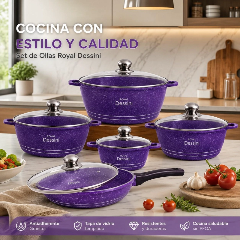 JUEGO DE OLLAS 12 PIEZAS GRANITO ROYAL DESSINE COLOR MORADO - 3