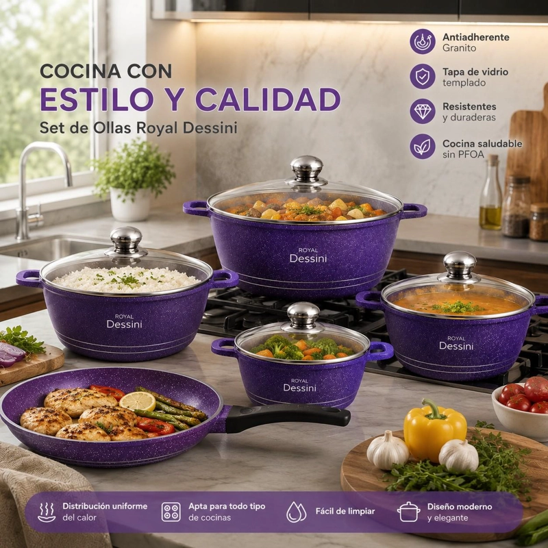 JUEGO DE OLLAS 12 PIEZAS GRANITO ROYAL DESSINE COLOR MORADO - 5