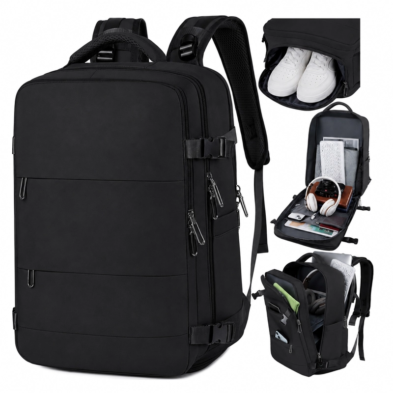 MOCHILA DE VIAJE LAPTOP COMPARTIMENTO ZAPATOS IMPERMEABLE NEGRO - 1