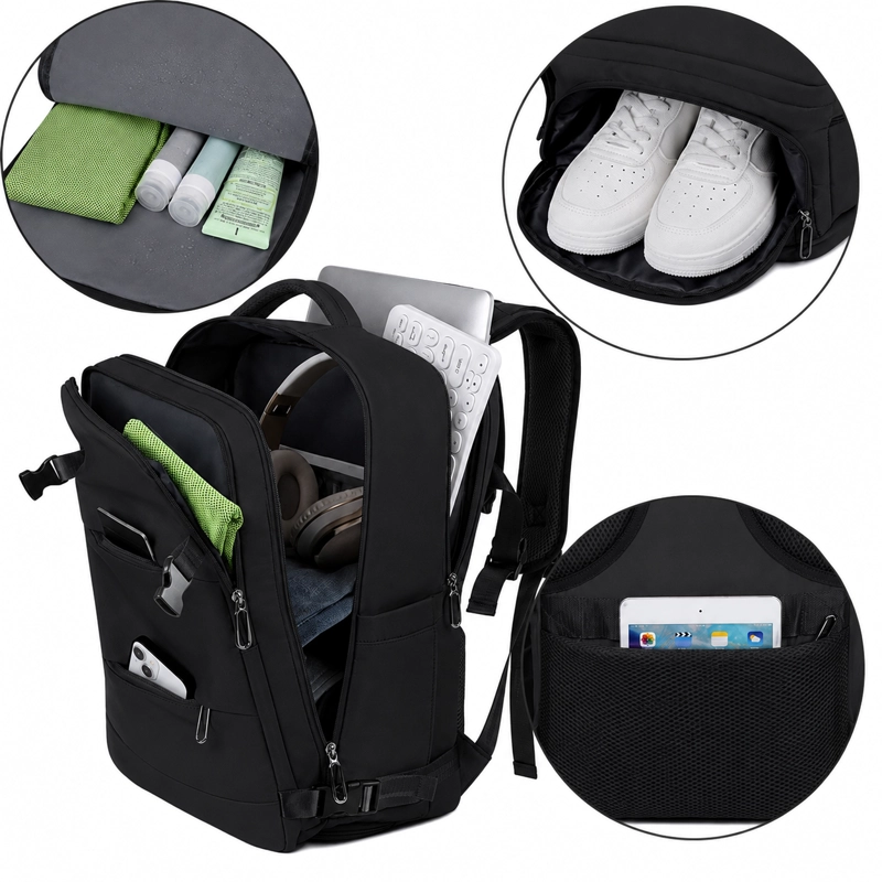 MOCHILA DE VIAJE LAPTOP COMPARTIMENTO ZAPATOS IMPERMEABLE NEGRO - 2