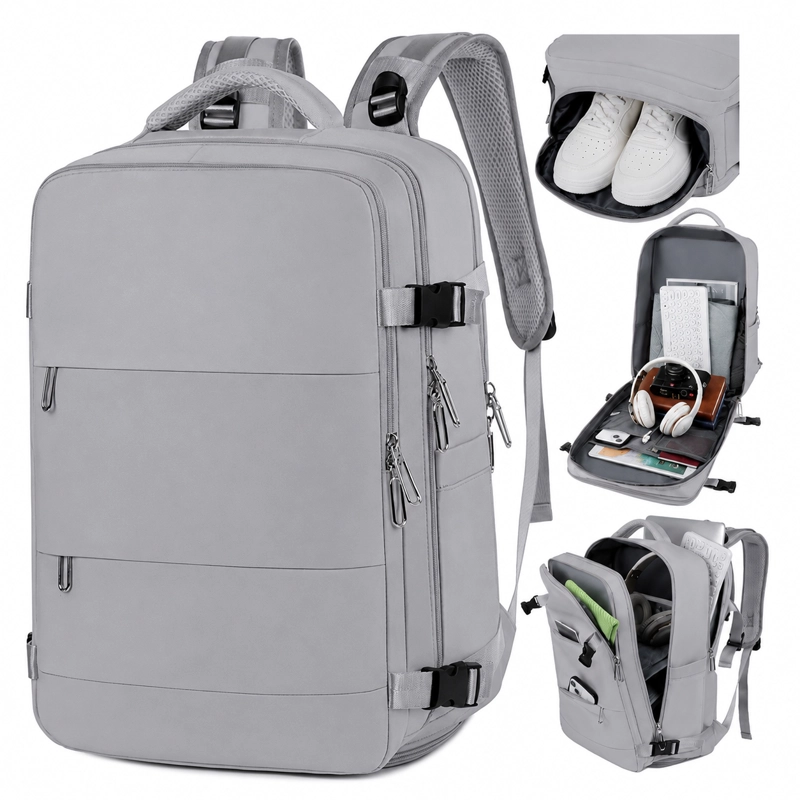 MOCHILA DE VIAJE LAPTOP COMPARTIMENTO ZAPATOS IMPERMEABLE GRIS - 1