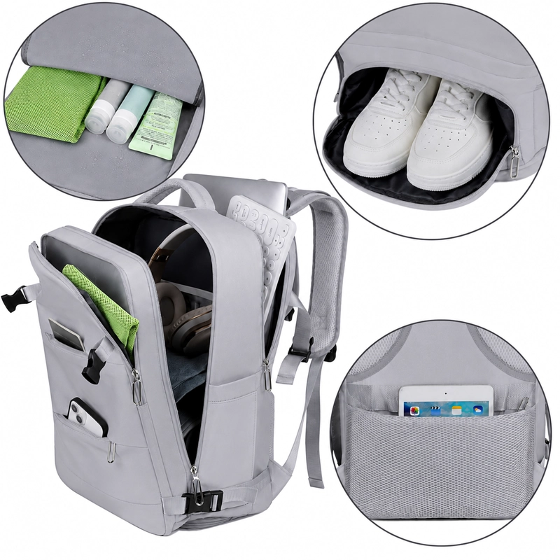 MOCHILA DE VIAJE LAPTOP COMPARTIMENTO ZAPATOS IMPERMEABLE GRIS - 2
