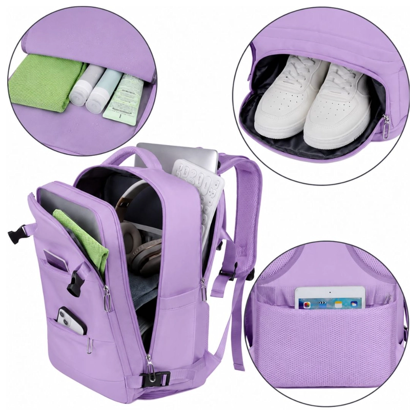 MOCHILA DE VIAJE LAPTOP COMPARTIMENTO ZAPATOS IMPERMEABLE MORADO - 2