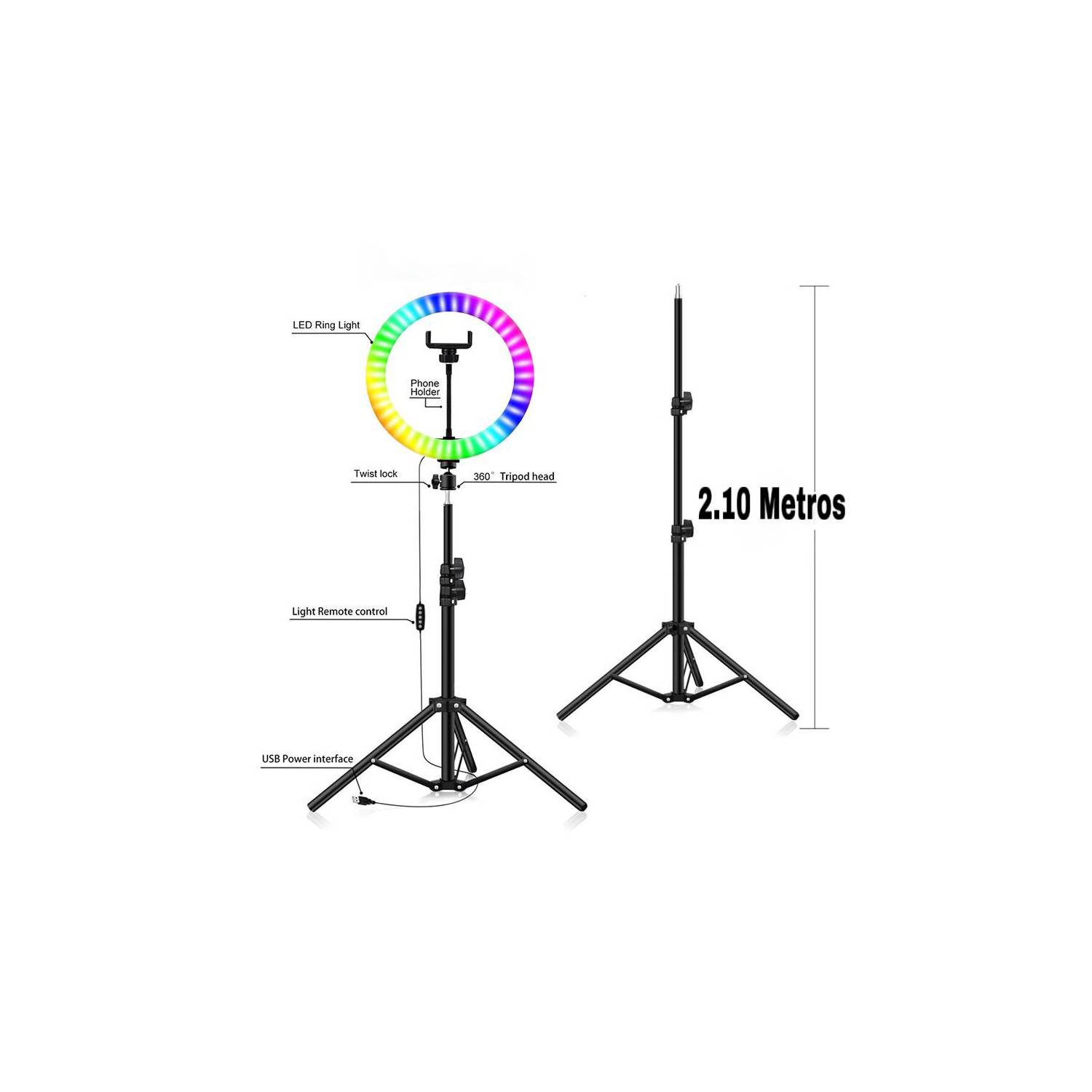 ARO DE LUZ RGB MULTICOLOR 33 CM CON TRIPODE 2,10 MTRS Y SOPORTE DE CELULAR - 2
