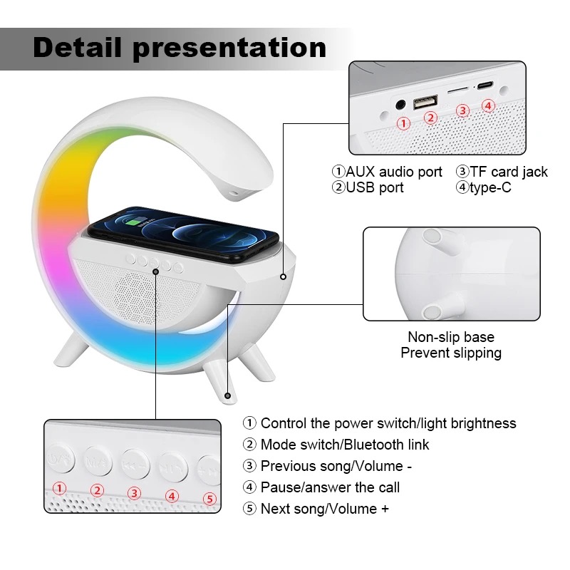 PARLANTE RGB LÁMPARA MESA MULTICOLOR CON CARGADOR INALAMBRICO - 2