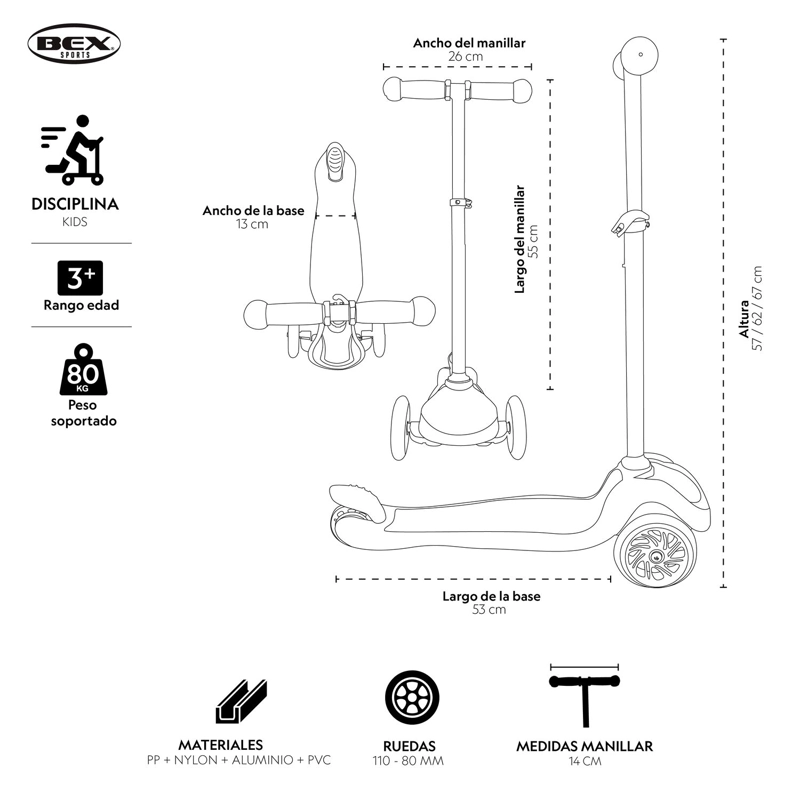 SCOOTER MONOPATIN NIÑO 3 RUEDAS AJUSTABLE 50-70CMS ROSA BEX - 7