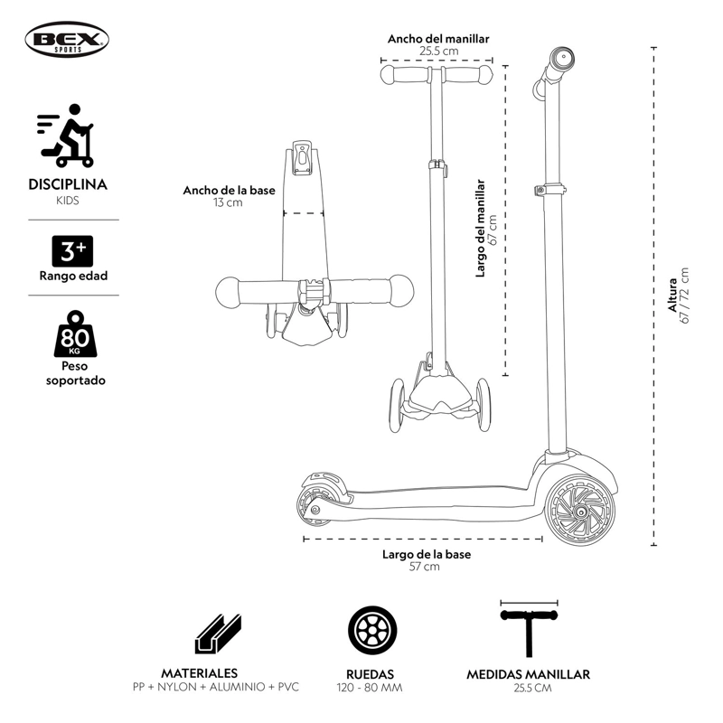 SCOOTER MONOPATIN NIÑO 3 RUEDAS AJUSTABLE 63-86 CMS AZUL BEX - 6