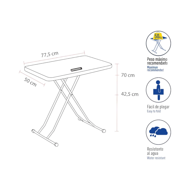 MESA PLEGABLE RECTANGULAR AJUSTABLE 77.5X50X70 CMS NORTHWEST - 2