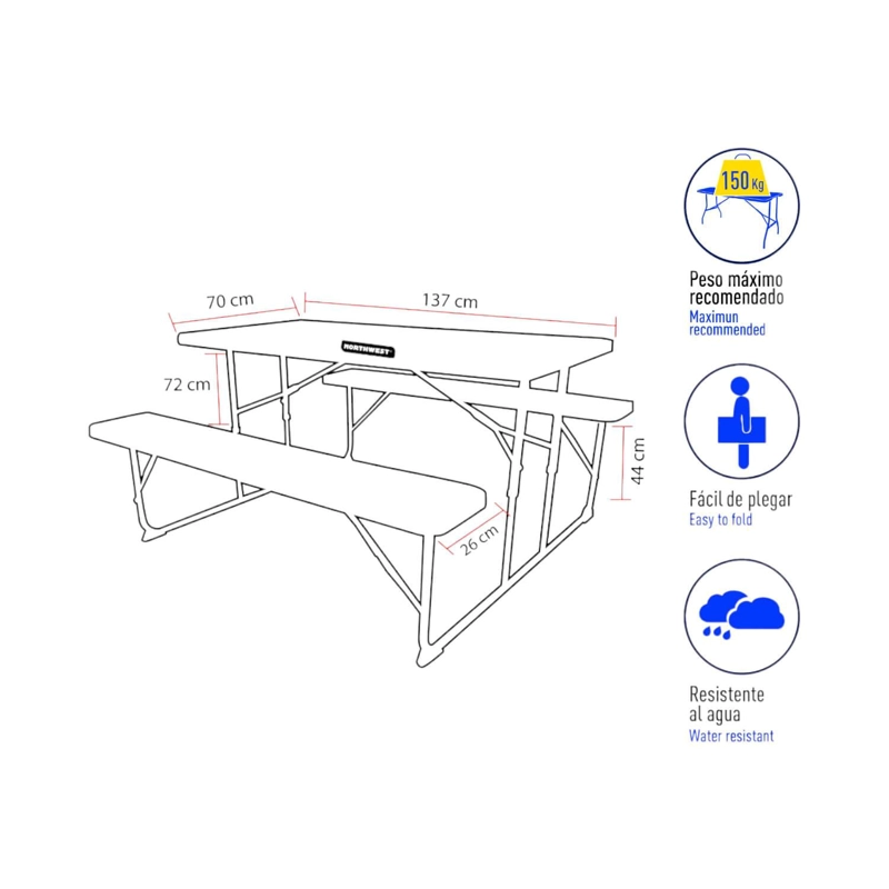 SET MESA Y BANCOS PLEGABLES 137X70X72CM DISEÑO MADERA NORTHWEST - 4