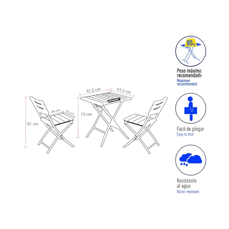 SET NORTHWEST NW-SAK62 2 SILLAS + MESA CUADRADA PLEGABLE 61X73 CAFÉ - 2
